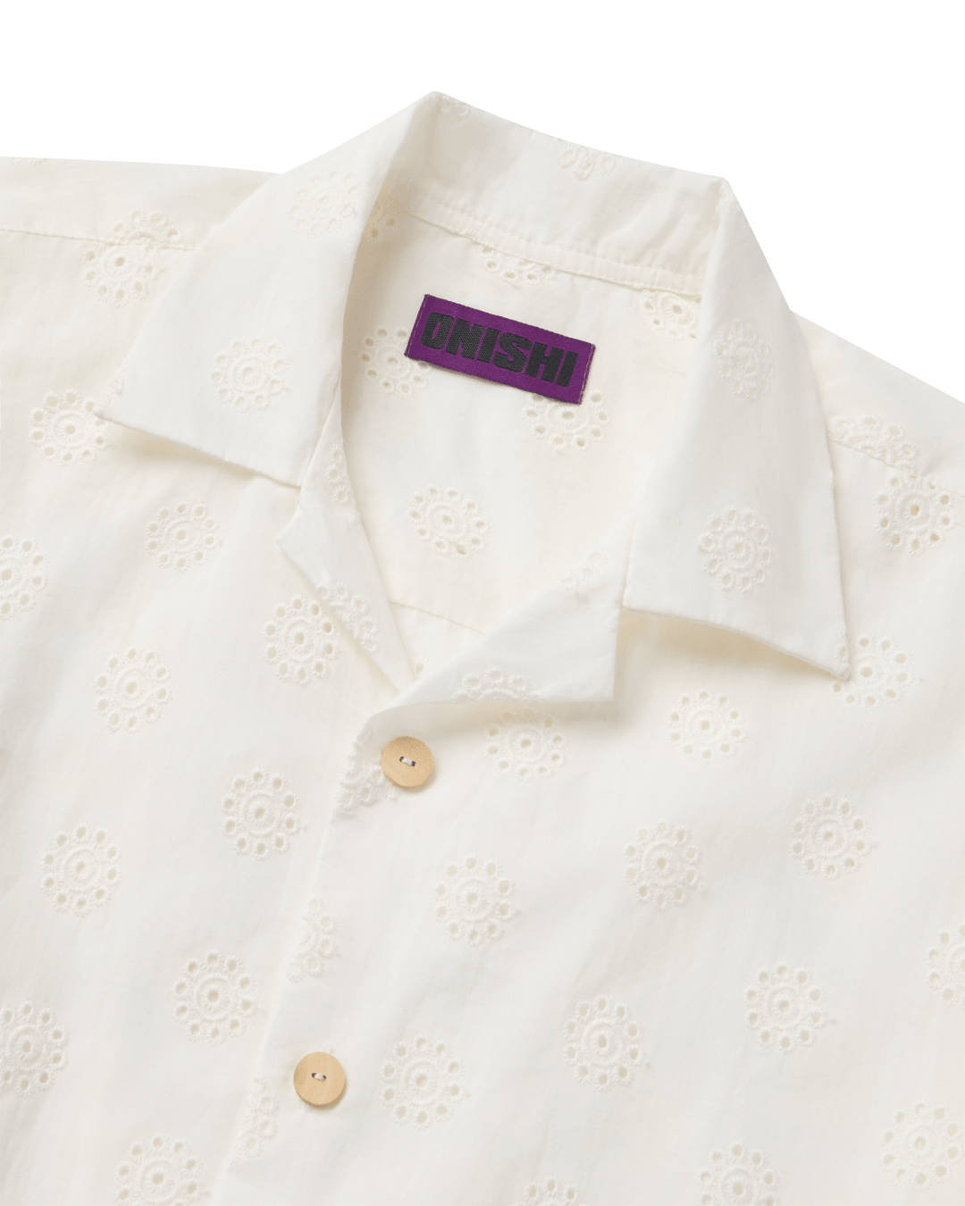 Detail of the lightweight cotton lace texture on the Onishi Poolside Shirt